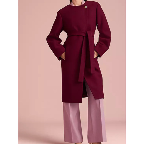 Ann Taylor NWOT Tie Waist Coat Wool Deep Red Wine Burgundy Large Petite - Picture 1 of 6